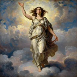 Full body oil painting of the beautiful woman Gal Gadot, she is wearing a peplos and a surreal ornate, her hair is natural disheveled, she is approaching heaven over the clouds, naturalism, dramatic lighting, high-detailed oil painting by Ilya Repin, Michelangelo da Caravaggio, William Blake, Alex Grey and Beksinski, trending on Artsatio, hystorical painting, masterpiece, 4k, 8k,