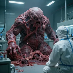 horror movie scene, a huge blobby flesh creature grows out of control in a high tech science lab, a man in a hazmat suit watches helplessly