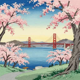 awe-inspiring ukiyo-e landscape of San Francisco bay with the Golden Gate bridge in view, cherry blossoms on trees, 4k