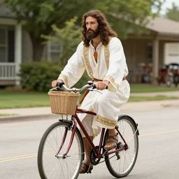 Jesus dressed as a Mormon on a bicycle