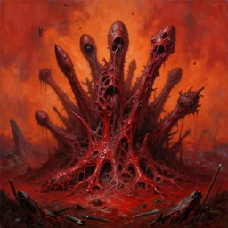 painting of hyper detailed nightmarish raining necrotized helicoprion eviscerated spewtum groupings on atomic blasted land, red 2 color scheme tools, surrounding with orange warble sky, epic fine art painting, cinematic, in style of richard m powers