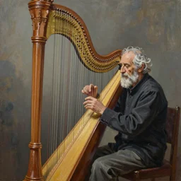 By Remedios Varos, a genie trapped in a large harp being played by the worlds oldest man, high res, oil painting