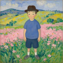 a georges seurat painting of bob belcher in a field with rolling hills and pink flowers