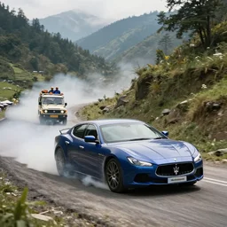 maserati drifting in uttrakhand mountains with lamborghini indian police car chasing, cinematic, photography by alexey kurylev, rishikesh, movie, ultra detailed