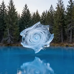 abstract ice sculpture of a nebula hovering above a clear blue lake in a clearing in the middle of an evergreen forest at dawn