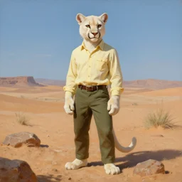 anthropomorphic furry albino mountain lion in a desert wasteland wearing a pale - yellow button - down shirt and olive - green slacks, character design, painting by gaston bussiere, craig mullins, j. c. leyendecker, tom of finland