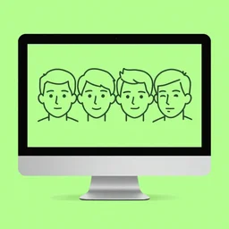 four male digitally drawn light green heads on the screen of a silver - grey computer in the centre of the image, bright light green background, album art