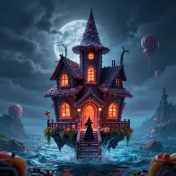 a witches house made out of candy with a scary witch in front of the house, floating on the ocean, epic scene, fantasy, cinematic, redshift render, cgi, hyper - detailed, photo - bash, 8 k post - production, masterpiece