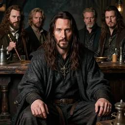keanu reeves as a fantasy wizard sitting in a tavern, portrait by gaston bussiere, j. c. leyendecker, craig mullins, donato giancola, greg rutkowski, symmetry!!, realistic face, highly detailed, sharp focus