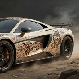 sports car with tribal decal, tribal, wolf, nature, tyres, smoke, dust, soil, deep focus, d & d, fantasy, intricate, elegant, highly detailed, digital painting, artstation, concept art, matte, sharp focus, illustration, hearthstone, art by artgerm and greg rutkowski and alphonse mucha