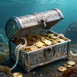 heavy old silver crafted treasure chest with lots of gold coins and pearl necklaces inside, underwater, realistic