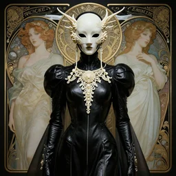 a cyborg with mask, black leather garment with art nouveau ivory accessories, cyberpunk, darksynth, luxury, concept art by jama jurabaev, extremely detailed, ominous, ethereal, andree wallin, edvige faini, masamune shirow, alphonse mucha