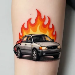 car on fire, tattoo design