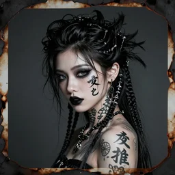 japanese gothic model with maximalist hair style and kanji tattoos, charred photo border, dark colors, fashion model, portrait shot, depth of field, 8 k, hyper detailed, intricate, trending on artstation