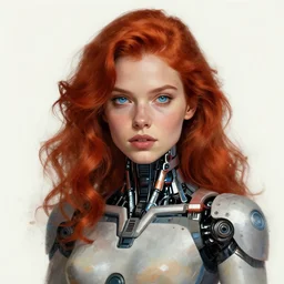 portrait of a beautiful woman with red wavy hair and blue eyes | robotic body suit, concept art, trending on artstation, wlop, ross draws, digital painting, mixed media, intricate details,