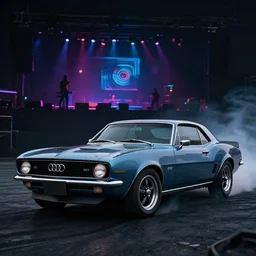 audi camaro b 1 ( 1 9 6 9 ) drifting, phonk music background, dark, establishing shot