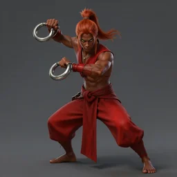 Full body Picture of a Battle Dancer, arab inspired, wearing two metallic rings, dark brown skin, light red hair, waist reaching ponytail, crimson attire, exposed midriff, battle, detailed face, dark green eyes, D&D, by artgerm and Craig Mullins, James Jean, Andrey Ryabovichev, Mark Simonetti and Peter Morbacher, matte painting, trending on artstation, artstationHD, artstationHQ, octane, full HD, 16K