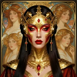portrait of a beautiful cyberpunk amazonian woman wearing a gold red, beautiful symmetrical face, golden, fantasy, regal, by stanley artgerm lau, greg rutkowski, thomas kindkade, alphonse mucha, loish, norman rockwell.