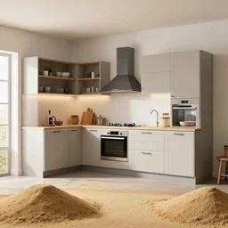IKEA catalogue photo, high end farm house style kitchen, sand piled in corners, dust, organic, vines, overgrown, tropical, by Picasso