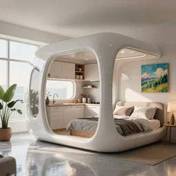a stylish bedroom interior, futuristic plastic capsule apartment, small kitchen, reflective floor, potted plant, painting by Craig Mullins, octane rendering, soft morning lighting, wide angle lens, in the style of Hayao Miyazaki, trending on artstation,