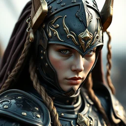 hyper realistic glorious ancient viking assassin girl in a obsidian metal armor, futuristic design, designed by makoto kobayashi and luca zampriolo, portrait, sexy style, wood and gold details, intricate, extremely detailed, ornate, deep of field, hard surface, exoskeleton, substance designer metal unreal engine. amazing likeness. very detailed.