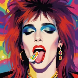 a colorful vibrant closeup portrait of a glam rockstar licking a tab of lsd acid on his tongue and dreaming psychedelic hallucinations, by kawase hasui, moebius, edward hopper and james gilleard, zdzislaw beksinski, steven outram colorful flat surreal design, hd, 8 k, artstation by magali villeneuve and william bouguereau, 4 k