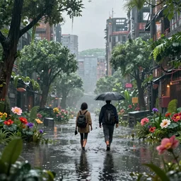 just 2 b walking in post apocalyptic flooded city, city ruins rainy melancholy day, lots of trees, dense vegetation, unreal engine, cryengine, epic engine, volumetric lighting, ray tracing, rtx on, exposure, god rays, overcast, ambient lighting, blooming flowers, 3 d render, cinematic, subtle, high saturation, photo, ultra realistic, hyper realistic, extreme detail, bleeding edge graphics, 4 k, 8 k, hdr,
