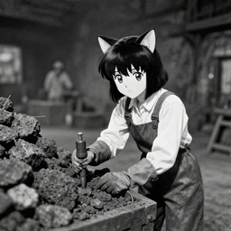 anime catgirl working in a coal mine, 3 5 mm historical photography
