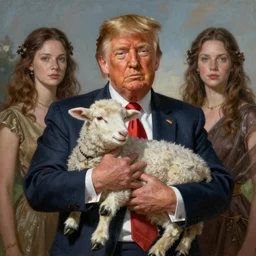 a detailed fantasy character painting of Donald Trump holding a lamb, dressed like Jesus Christ, by lauri blank, artgerm, evelyn de morgan, 8K, 50mm lens