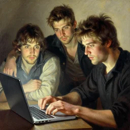 cam gigandet types on his laptop, painting by gaston bussiere, craig mullins, j. c. leyendecker, tom of finland