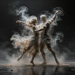 realistic render of an intricate and detailed dance duet made of smoke by zdzisław beksinski, floating in space, dream, reflections, dusty and smokey, 8 k, ethereal, hyperrealism, matte painting