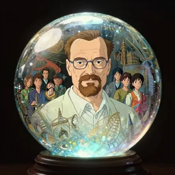 walter white floating inside a glimmering crystal ball, high intricate details, rule of thirds, golden ratio, cinematic light, 8 k, octane render, anime style, graphic novel by fiona staples and dustin nguyen, art by beaststars and orange, peter elson, alan bean, studio ghibli, makoto shinkai