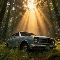 art greg rutkowski, godrays, epic sky, volumetric, warm lighting, vivid, abandoned old car close - up in the forest, concept art, detailed, trending on artstation, grass, macro, huge scene, cinematic view, beautiful, low angle, by jordan grimmer, high detail