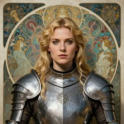 masterpiece head-on symmetrical centered portrait, Elisha Cuthbert as a D&D paladin, wearing steel plate armour over chest, blonde hair, masterpiece fractal art nouveau background, elegant, distant, Pre raphaelite art style, in the style of Edgar Maxence and Ross Tran and Zdzisław Beksiński and Gustave Doré and H.R. Giger and Mucha, specular highlights, 8k, octane render