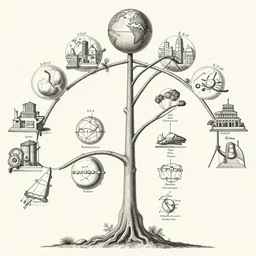 detailed 18th century illustration of the evolutionary tree of science and technology.