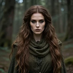 an ethereal high witch with long beautiful brown hair, in a dark olive green cowl, detailed face in beige makeup, dark aesthetic, fantasy setting in a forest