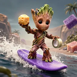 little Groot is riding a surfboard shapes like a bar of purple soap, with a ball of cheese in his right hand, and a roll of electrical tape in his left hand, cinematic angle, poster style