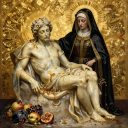 la pieta masterpiece ultrarealistic ultradetailed painting of slimy catholic veiled lady beside rotten fruit still life, greg rutkowski, immerse, 1 9 th century, special effects makeup, maximalist, glittering, gold, ivory, hyperreal, golden ratio, alphonse mucha