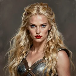 artistic portrait of a confident and severe looking northern blond valkyrie with beautiful blue eyes and red lips, perfect fit body covered with extremely long hair, art by artgerm and greg rutkowski and magali villeneuve, highly detailed, digital painting, trending on artstation, concept art, sharp focus, illustration, masterpiece
