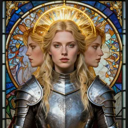 masterpiece head-on symmetrical centered portrait, Imogen Poots and Elisha Cuthbert as a D&D paladin, Elden Ring, blonde hair, prismatic golden halo around her head, wearing plate armour, elegant, distant, stained glass tarot style, in the style of Edgar Maxence and Ross Tran and Zdzisław Beksiński and Michael Whelan and Mucha and Gustave Doré, specular highlights, 8k, octane render