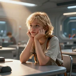 science fiction, awkward lonely brilliant female blond teenage tomboy girl with short hair, tomboy clothes, in a futuristic classroom on the nostromo, smooth, extremely detailed, cinematic lighting, illustration, digital art, crepuscular ray, trending on artstation, art by greg rutkowski, golden ratio