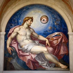 Michal Angelo painting of a person starting mother universe in the eyes as the last person to exist takes their final breath. 8k resolution, mural.