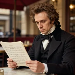 professional fine detailed photo portrait of a man that looks like franz schubert sitting at the cafe and reading musical sheet, rich colors, iphone photo, 4 k photo, instagram, realistic photo, detailed photo, very beautiful photo,