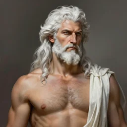painted portrait of rugged zeus, greek god, white hair, masculine, mature, handsome, upper body, muscular, hairy torso, fantasy, intricate, elegant, highly detailed, digital painting, artstation, concept art, smooth, sharp focus, illustration, art by gaston bussiere and craig mullins