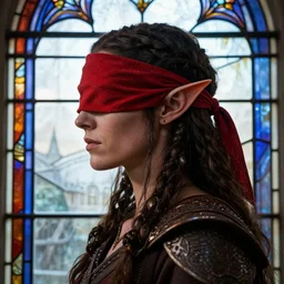 side - view portrait of the iorveth, scoia'tael leader, red bandana over one eye, eye covered by red bandana, elf ear, stained glass window, very masterful, no artifacts
