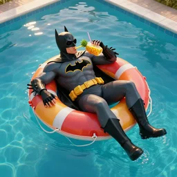 full body photo of a person dressed as batman, he is lying over a colorful life preserver and relaxing while he is floating over a giant pool, he is drinking an exotic pineaple drink and wearing sunglasses, by jim lee, aerial view, stock photo, golden hour, high detail, unreal engine 5, trending on artstation