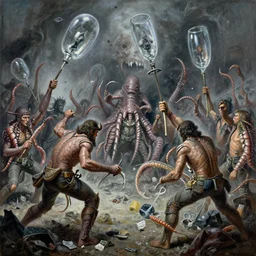 oil painting of 1 9 7 8 battle - panorama nightmare chalk mollusks weilding glass fang garbage, by alberto bontempi, & boris vallejo, hyper realism, hyper detailed, cinematical