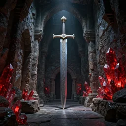 this is the underground passage of the dark castle made of huge stones, a huge runic sword statue, and the wall inlaid with red crystal. narrative lighting, extremely super - detailed, intricate, epic composition, trending on artstation, by sergey vasnev and jan urschel