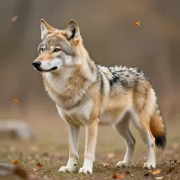 professional stylized full - body digital art of a side profile of a tibetan wolf, light fur, fluffy, falling leaves, hd, 8 k, highly detailed, high quality, cute