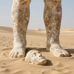 two vast and trunkless legs of stone stand in the desert.... near them, on the sand, half sunk a shattered visage lies, by greg rutkowski, by jean deville, symbolism